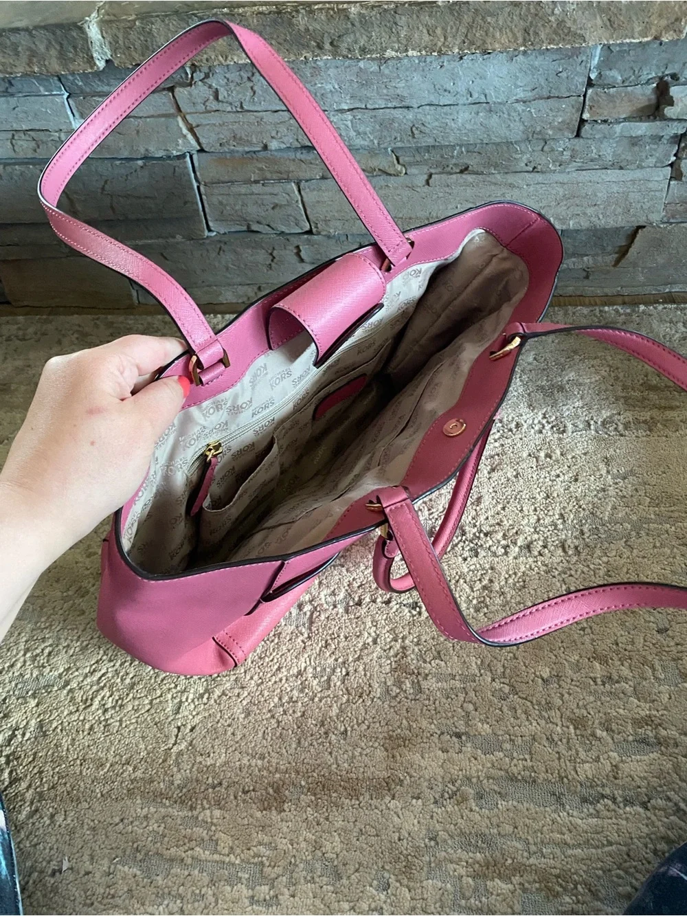 Michael Kors EMMY Large DOUBLE HANDLE TOTE Leather Handbag Purse Tulip Pink - Picture 9 of 15